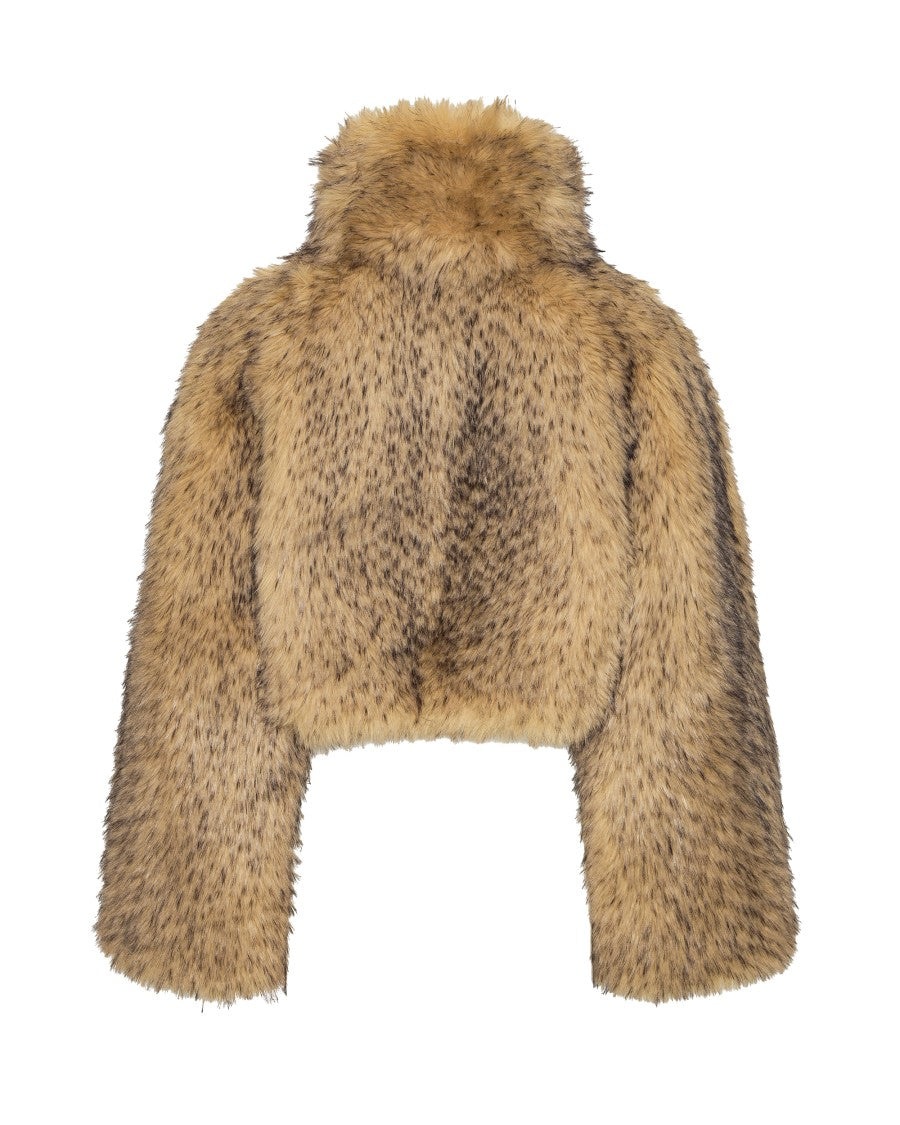 Rotate Textured Beige Cropped Jacket With High Collar