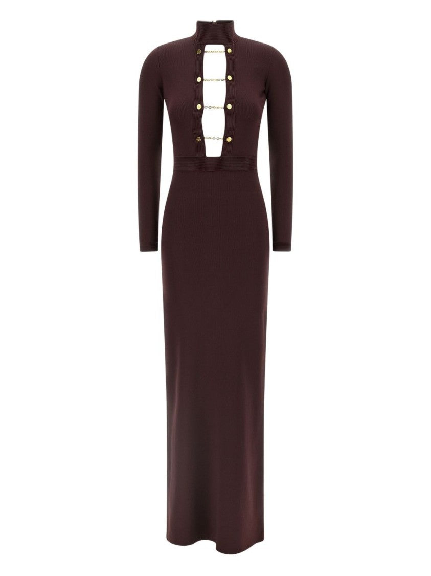 Elisabetta Franchi Burgundy Midi Dress With Gold Chain Cutouts