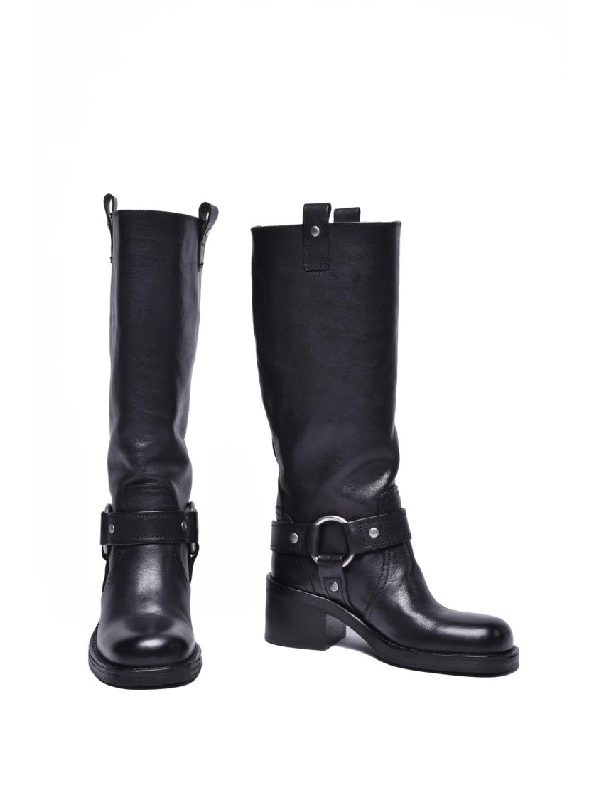Ash Black Leather Rubber Women's Biker Boots