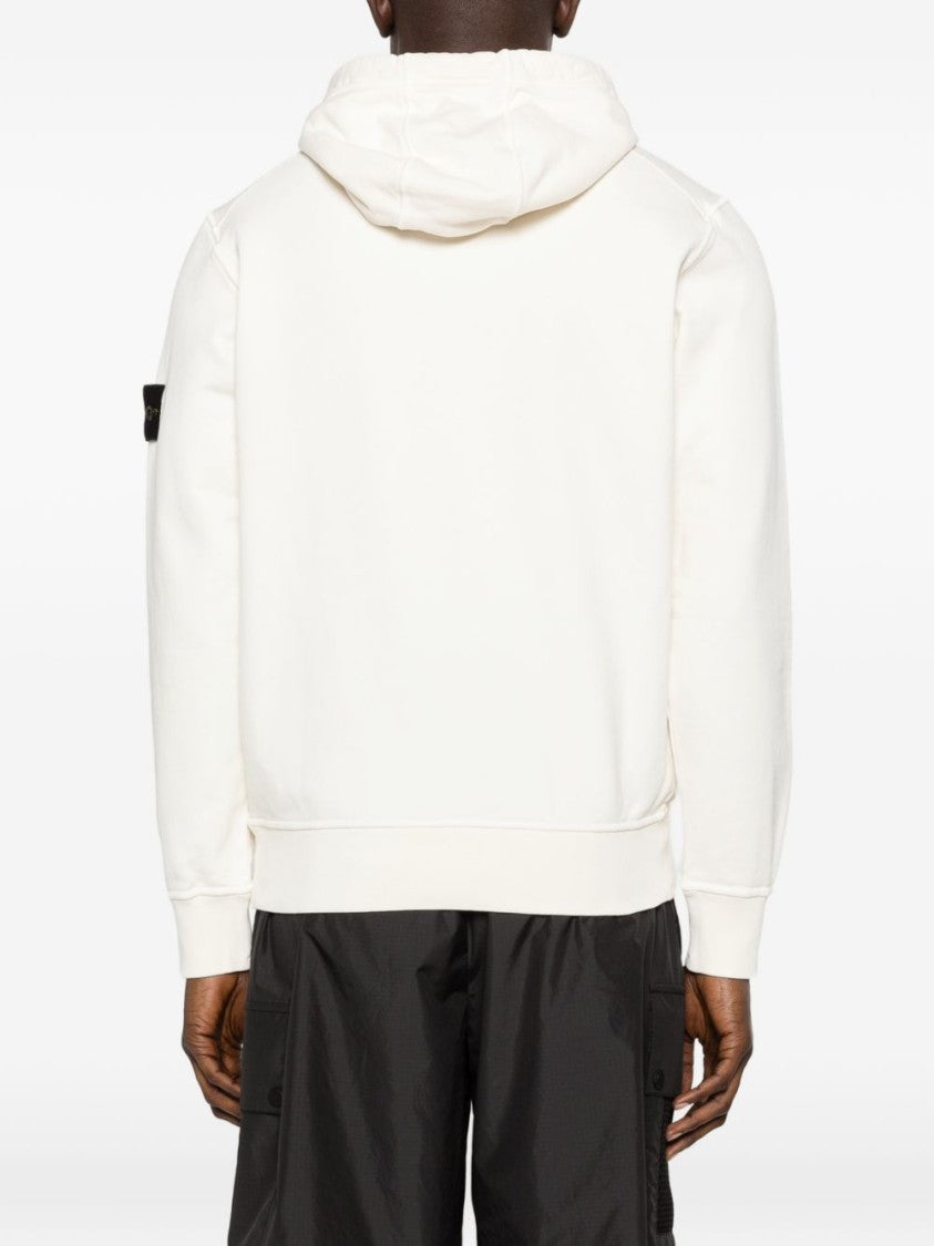 Stone Island Ivory Cotton Sweatshirt With Drawstring Hood And Iconic Patch