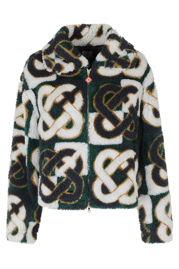 Casablanca White Blue Green Fleece Diamond Logo Zipper Pull Polyester Jacket