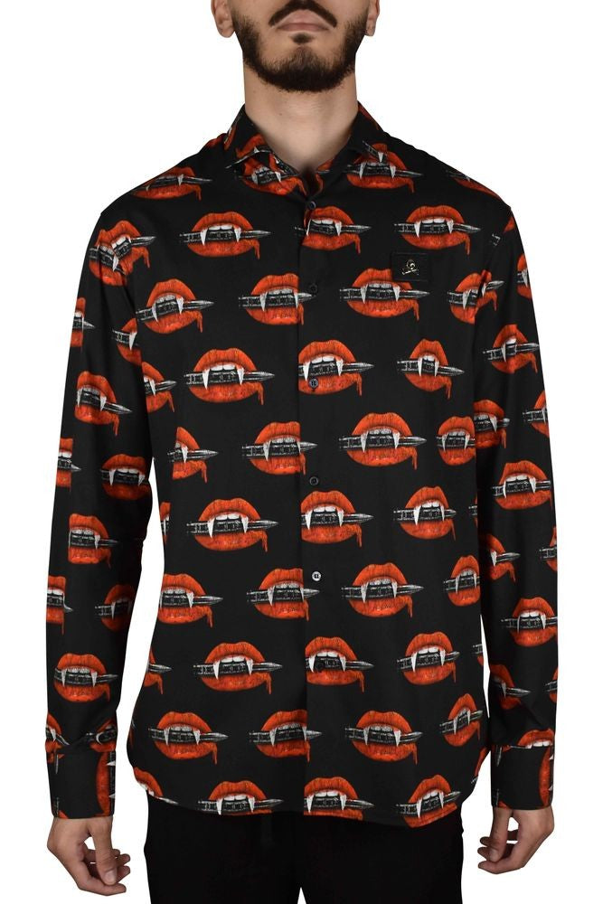 Philipp Plein Black Cotton Shirt With Vampire Tooth Print