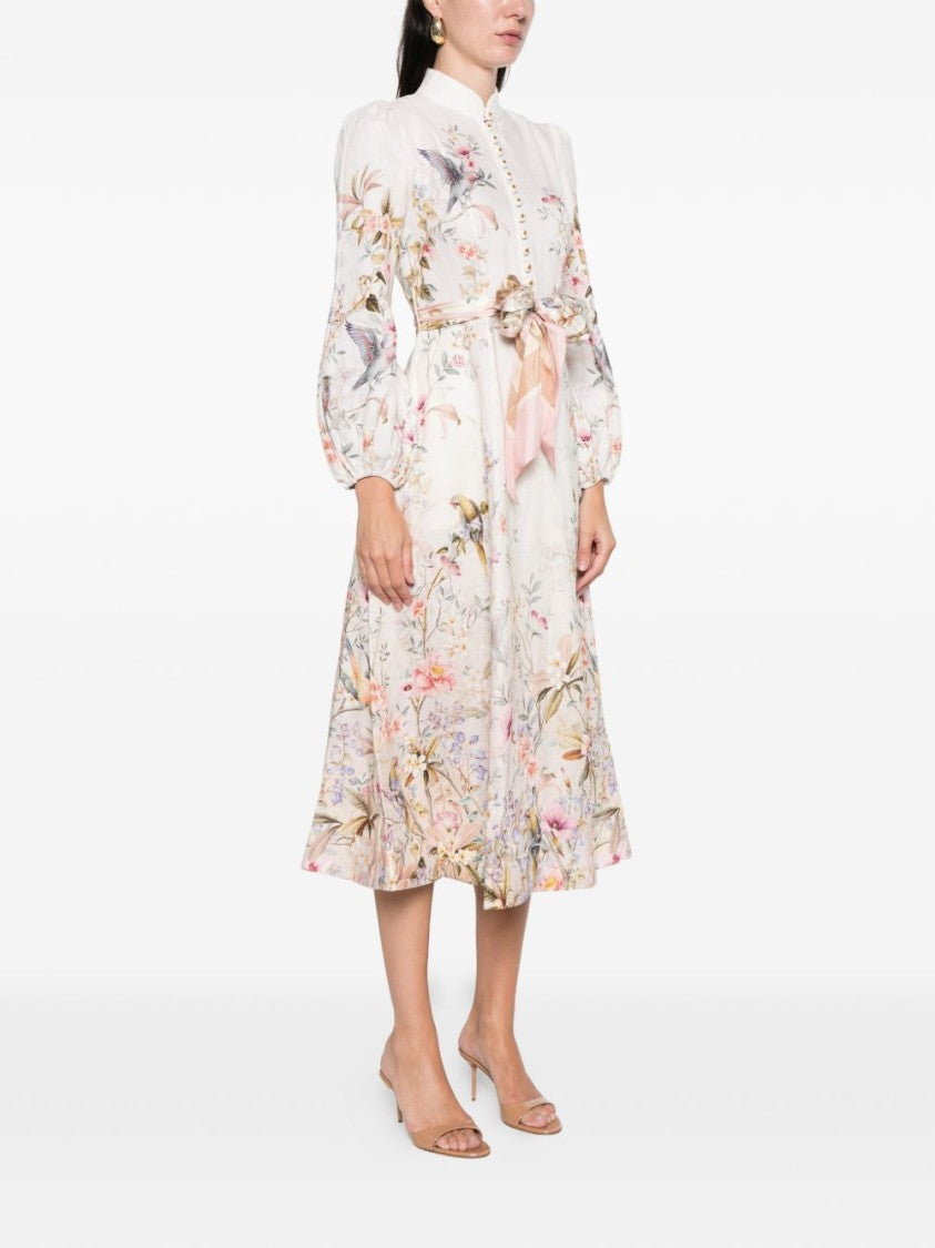 Zimmermann Floral Print Midi Dress With Puffed Sleeves