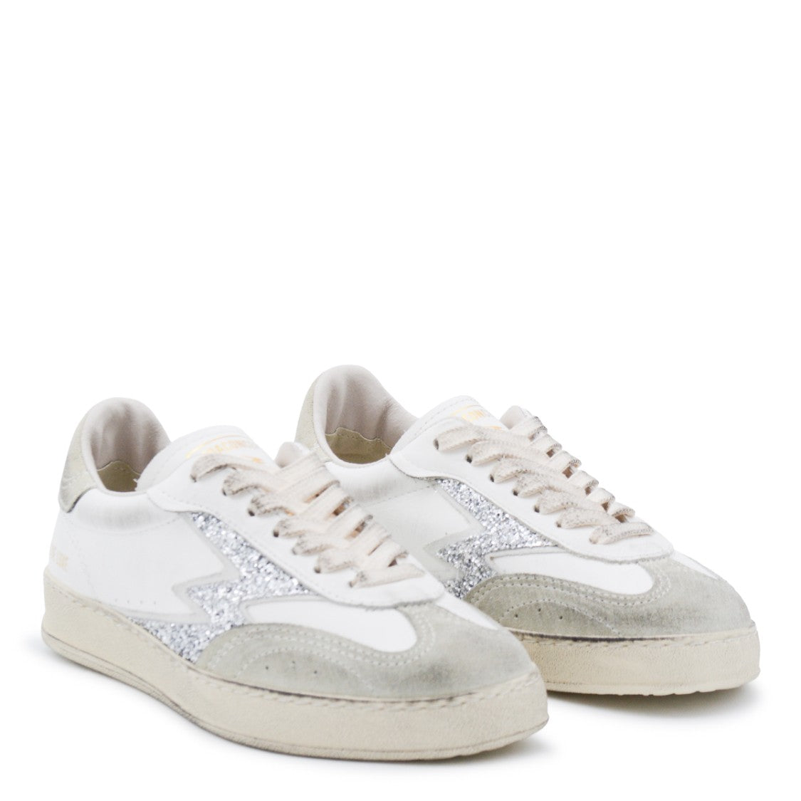 Moaconcept Silver And White Leather Sneakers From Moaconcept Featuring Round Toe, Laces Fastening, Logo Print And Rubber Sole.