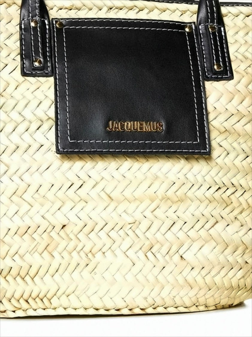 Jacquemus Trapezoidal Woven Straw Tote Bag With Leather Accents