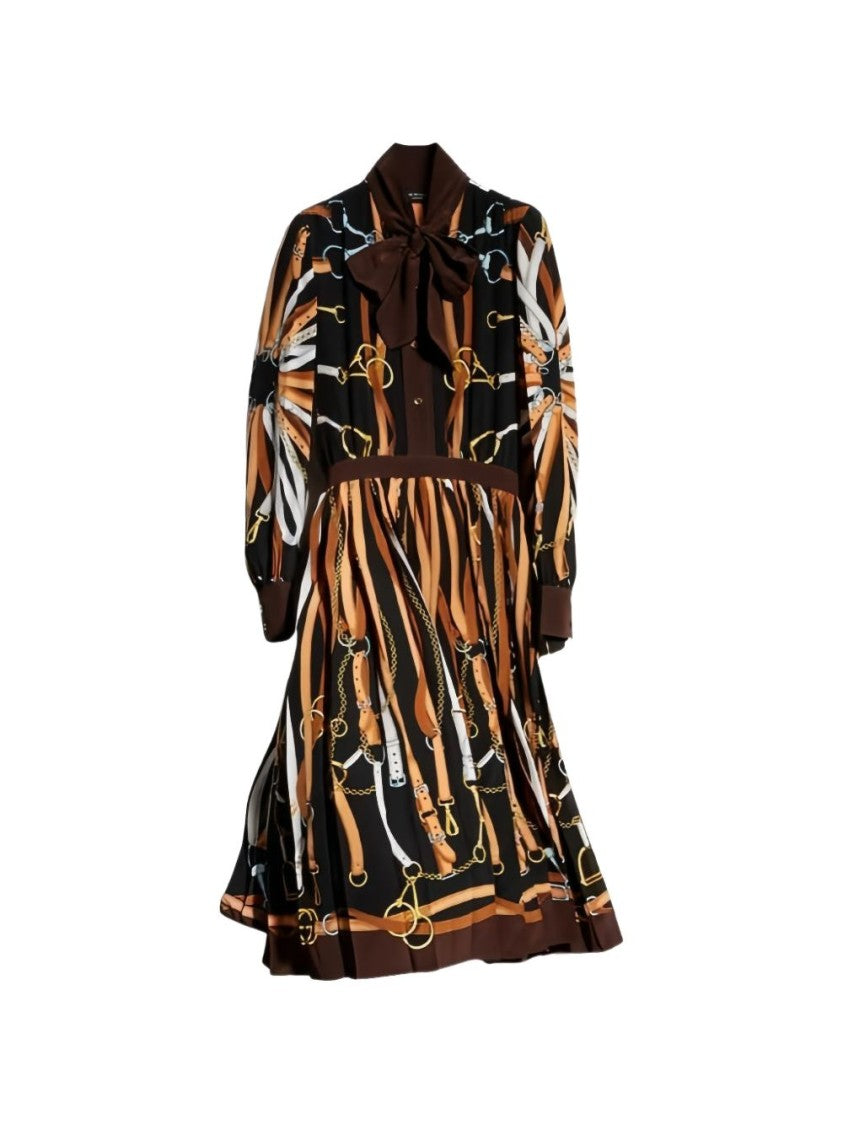 Gucci Equestrian Print Bow Neck Silk Midi Dress