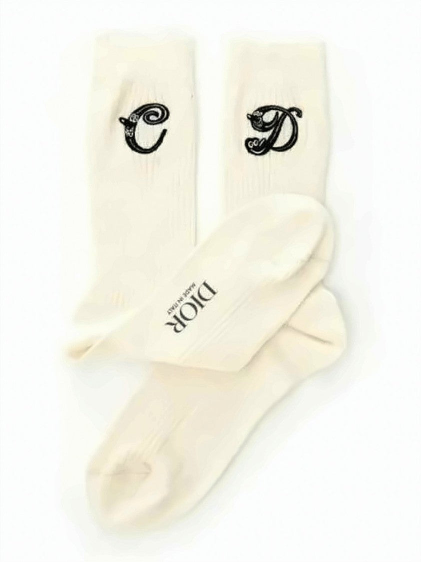 Dior Ribbed Cream Socks With Embroidered Detail