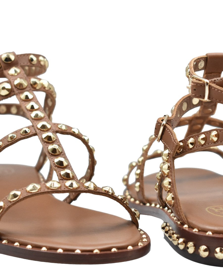 Ash Flat Sandal With Gold Studs And Ankle Strap