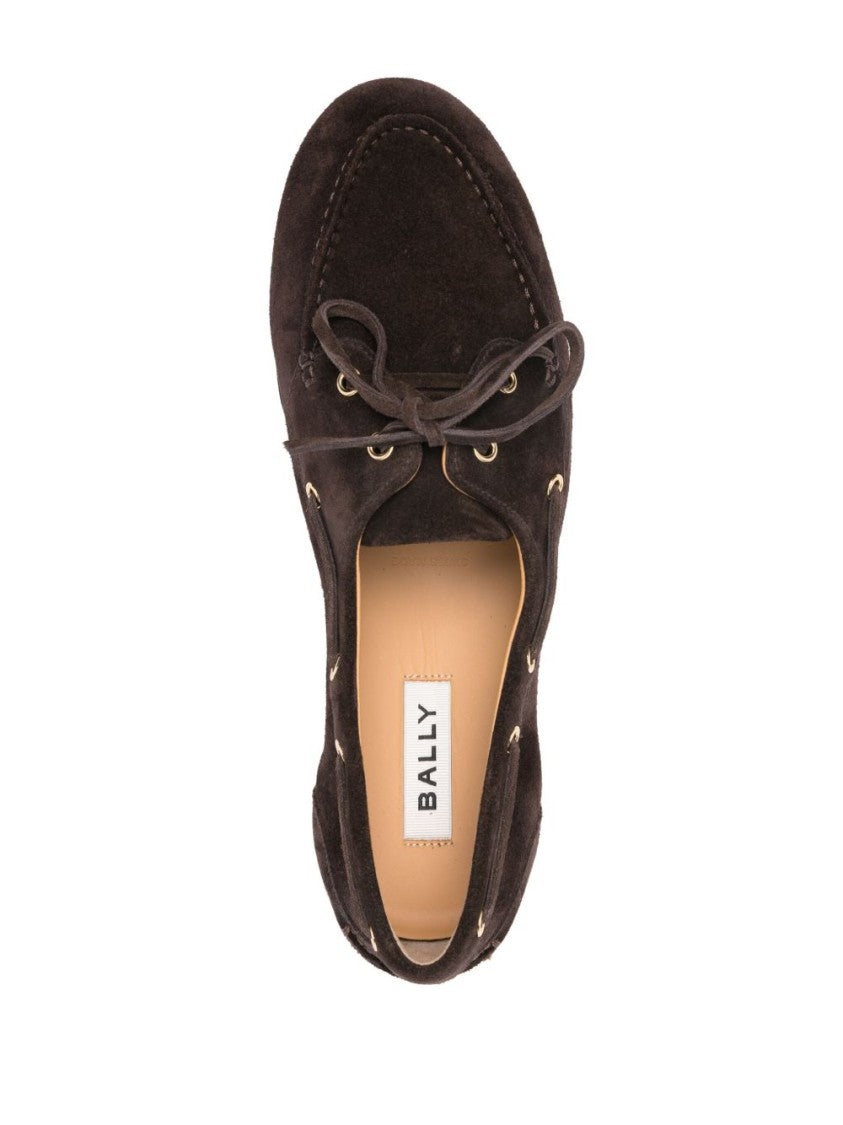 Bally Cedar Brown Leather Moccasins With Panelled Design And Lace-Up Detail