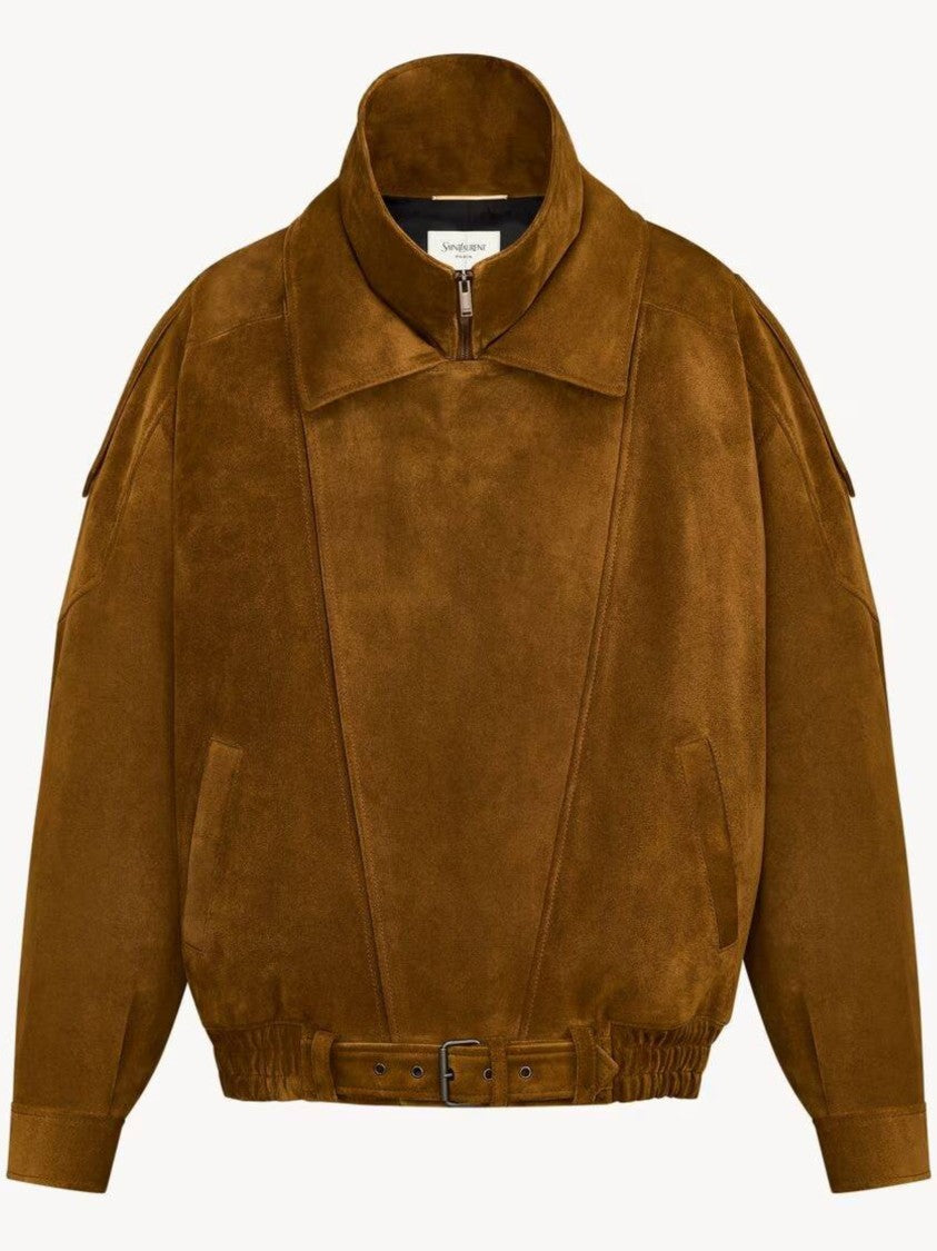 Saint Laurent Brown Suede Belted Oversized Blouson Jacket