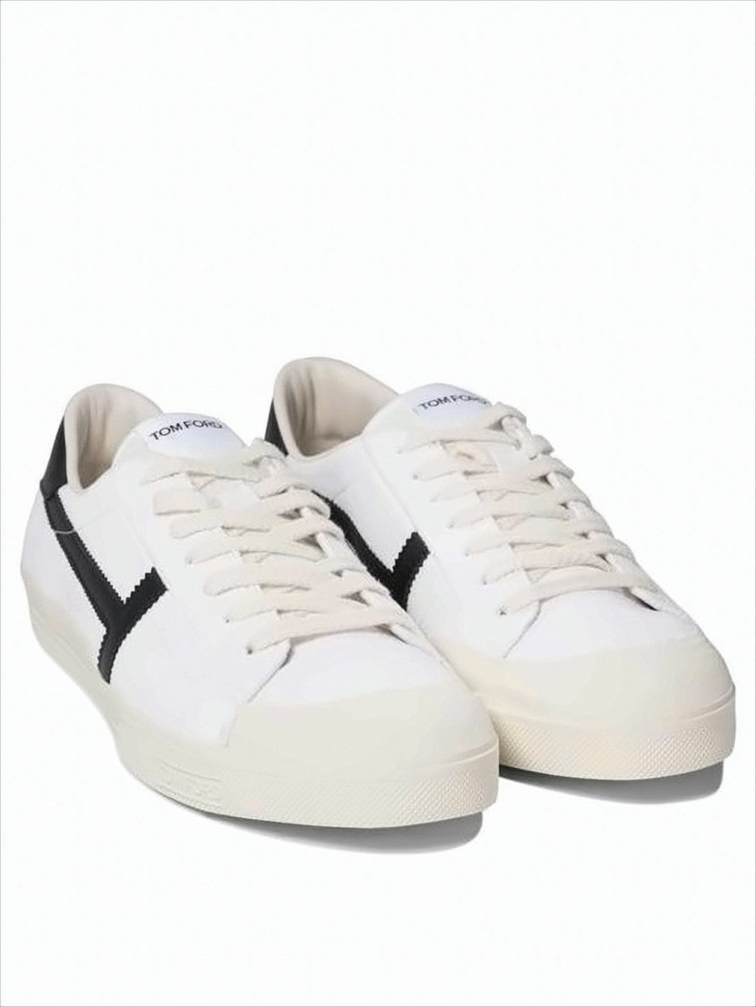 Tom Ford Low-Top White Leather Sneakers With Black Zigzag Stripe