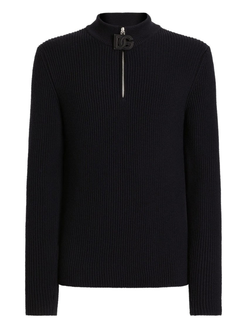 Dolce & Gabbana Blue Ribbed Knit Half-Zip Wool Pullover