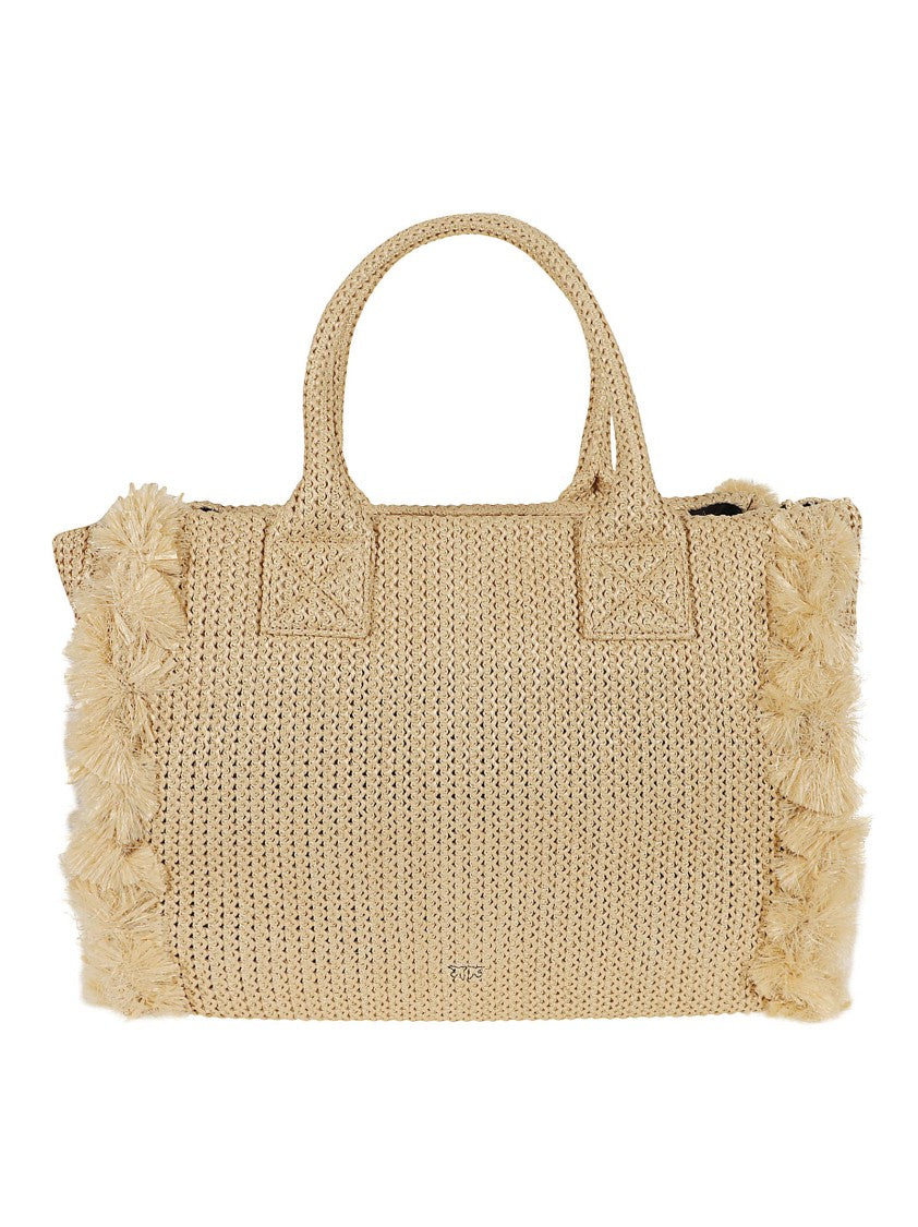 Pinko Fringed Raffia Beach Shopper With Contrasting Embroidered Logo