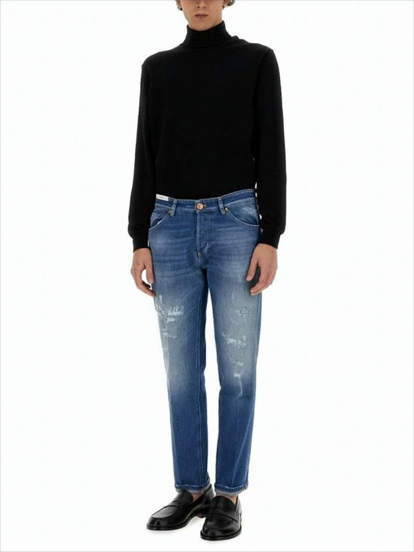 Pt Torino Medium Blue Wash Denim Trousers With Tapered Leg And Distressed Details
