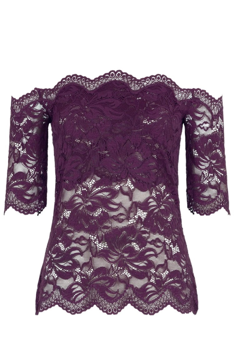 Rabanne Magenta Boat Neck Scalloped Transparent Lace Polyamide Top