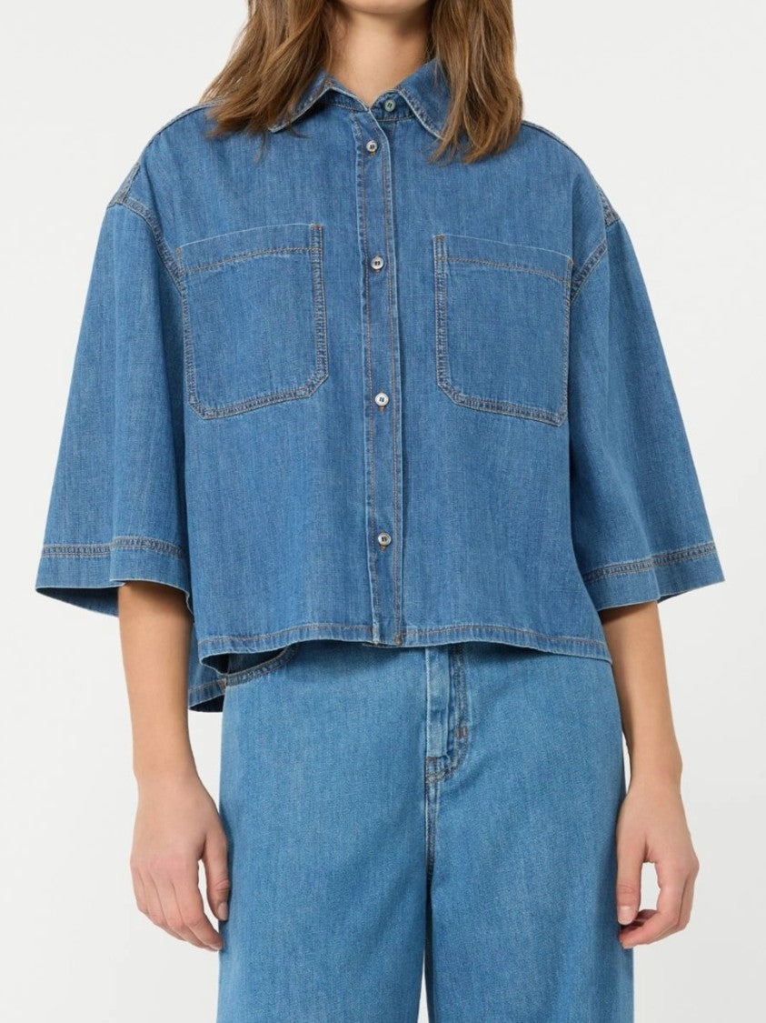 Weekend Cropped Denim Shirt With Boxy Silhouette And Elbow-Length Sleeves