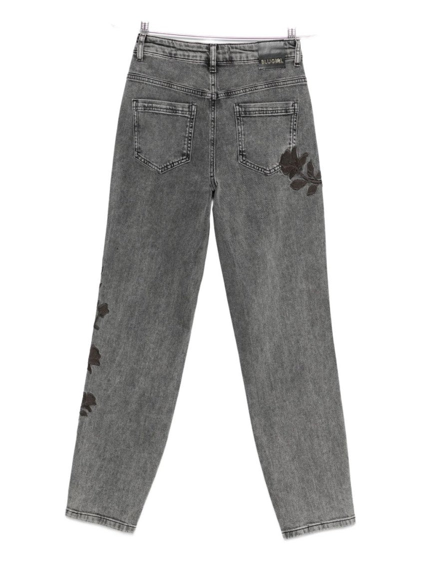 Blugirl Washed Grey Tapered Jeans With Floral Embroidery