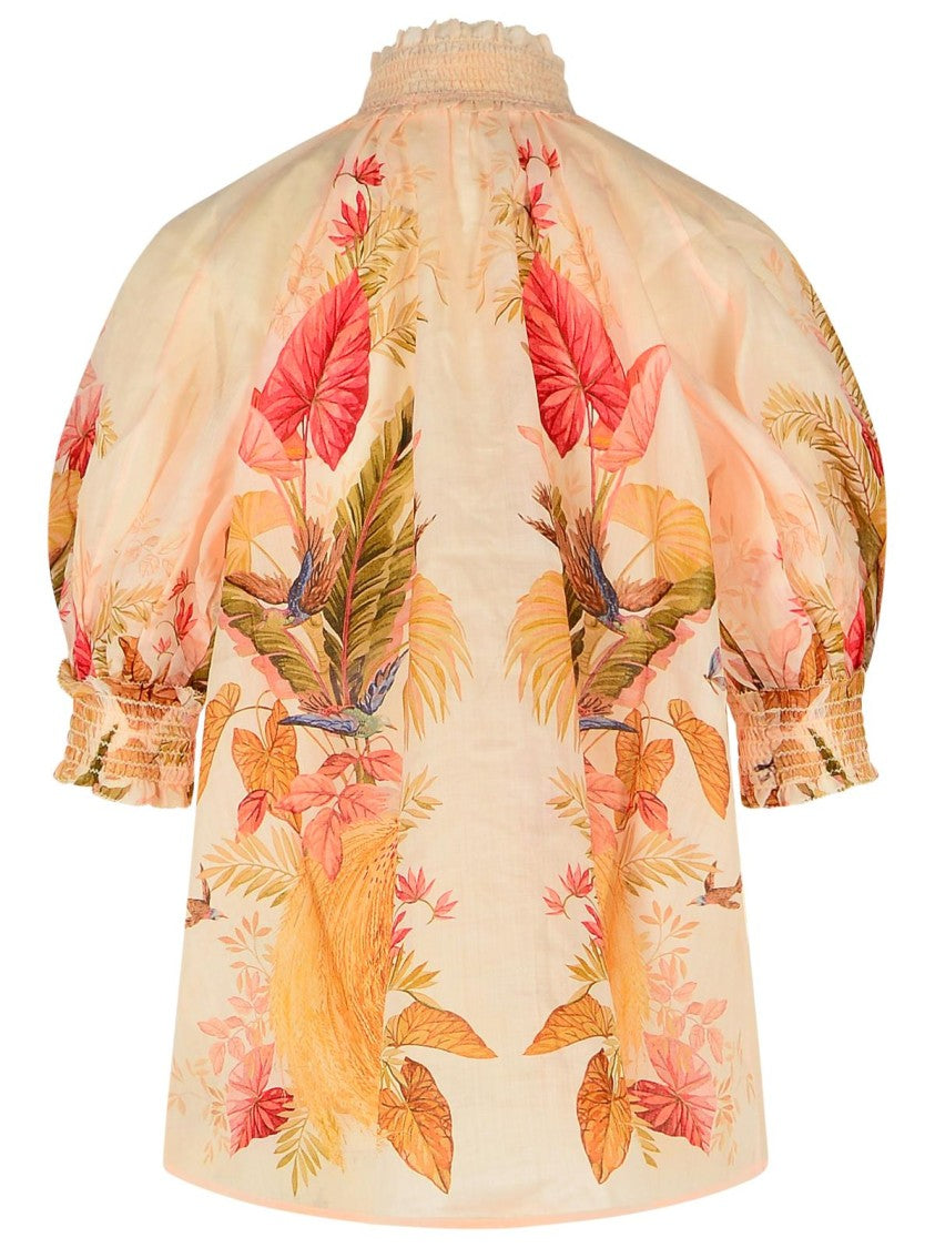 Zimmermann 'Billow' Ramie Puff Sleeves Blouse In 'Cream Palm Floral'