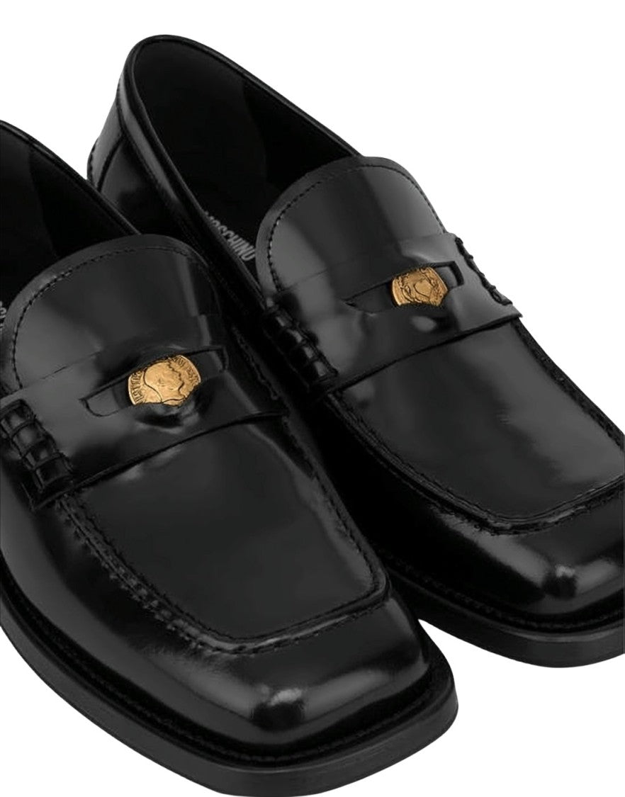 Moschino Polished Leather Mules With Gold-Tone Emblem