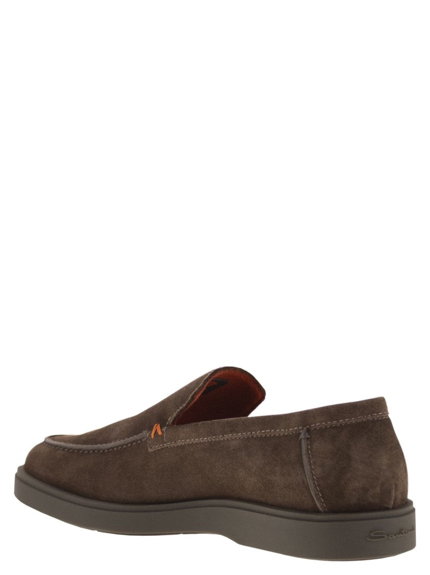 Santoni Brown Suede Loafers With Orange Thread Accents