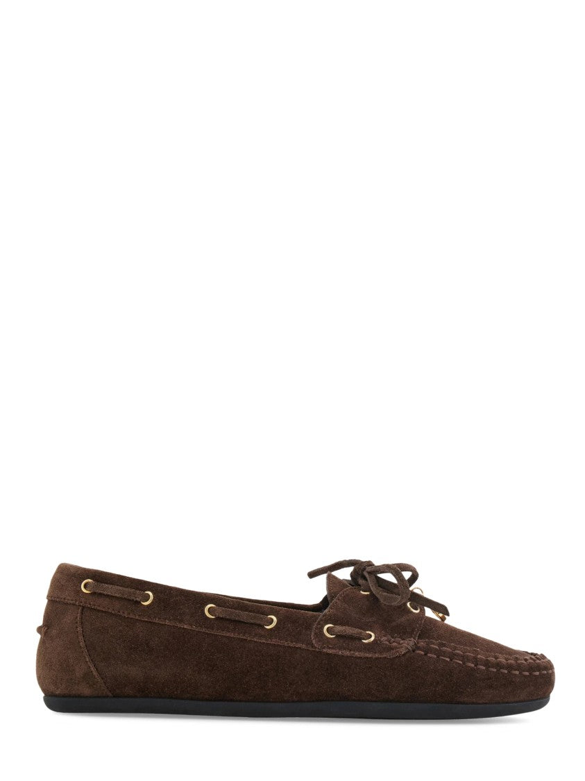 Ferragamo Moccasin-Inspired Brown Suede Flats With Gold-Tone Eyelets