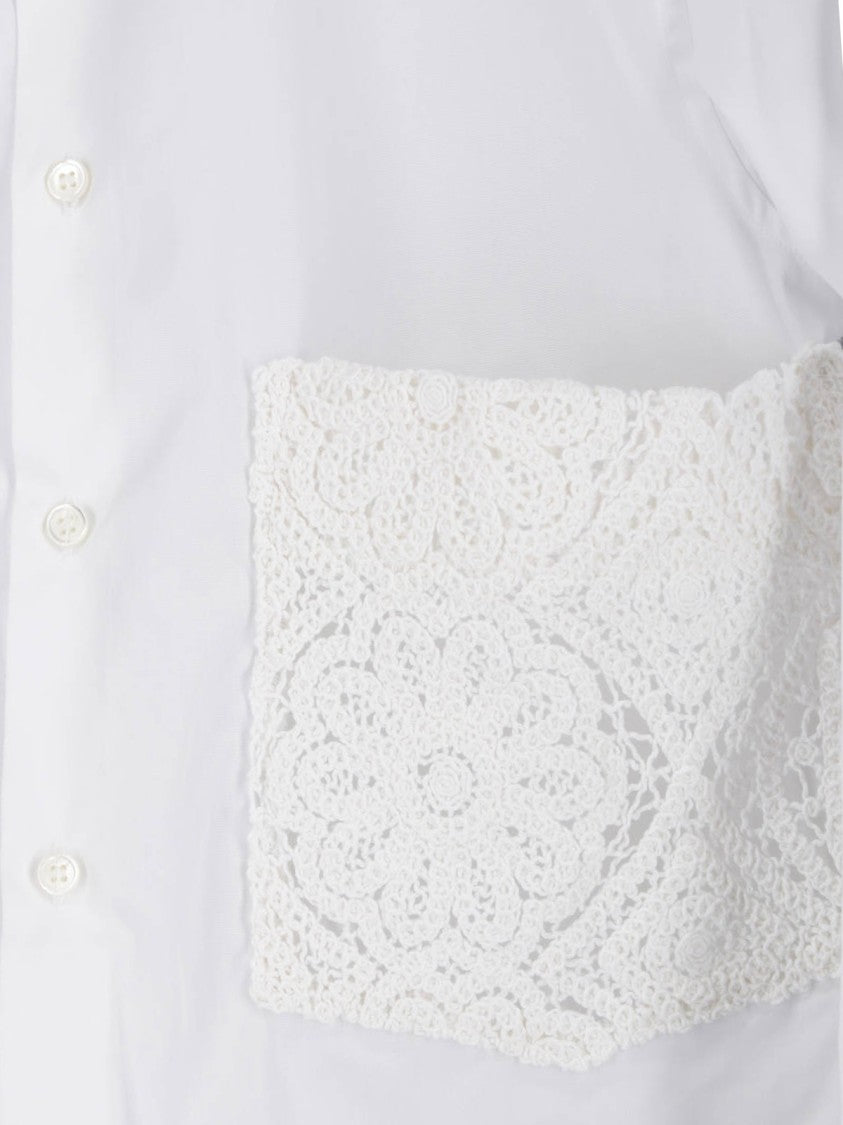 Comme Des Garçons White Lace Applique Pocket Cotton Shirt