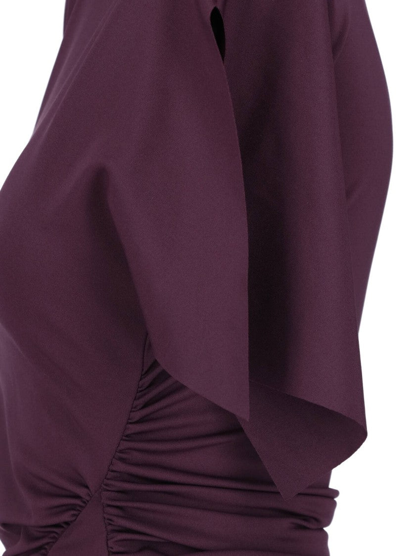 Victoria Beckham Burgundy Midi Dress With Ruched Asymmetrical Detailing