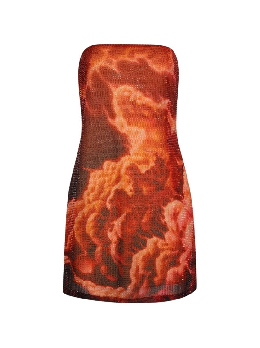 Alexander Wang Crystal Hotfix Organza Jersey Mini Dress Orange Cloud Print