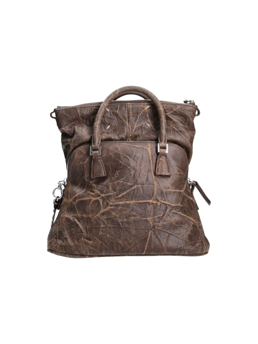 Maison Margiela Mini Tote Bag In Distressed Brown Leather