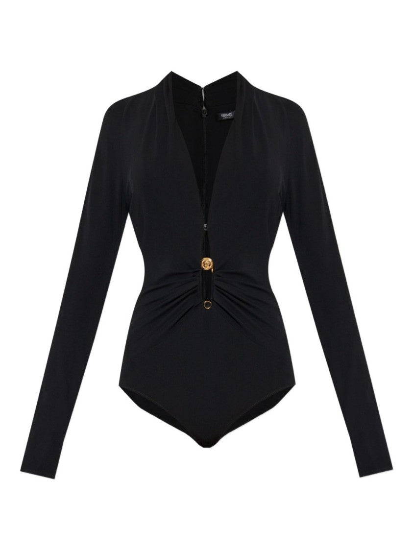 Versace Deep V-Neck Bodysuit With Gold Pin Detail