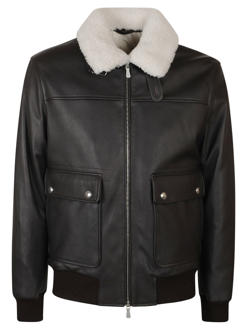 Eleventy Classic Brown Bomber Jacket With Shearling Collar