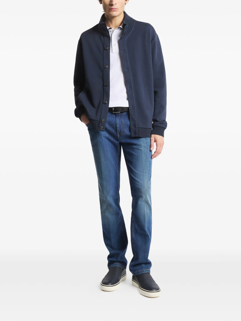 Fay Navy Blue Bomber Ribbed Detail Jacket