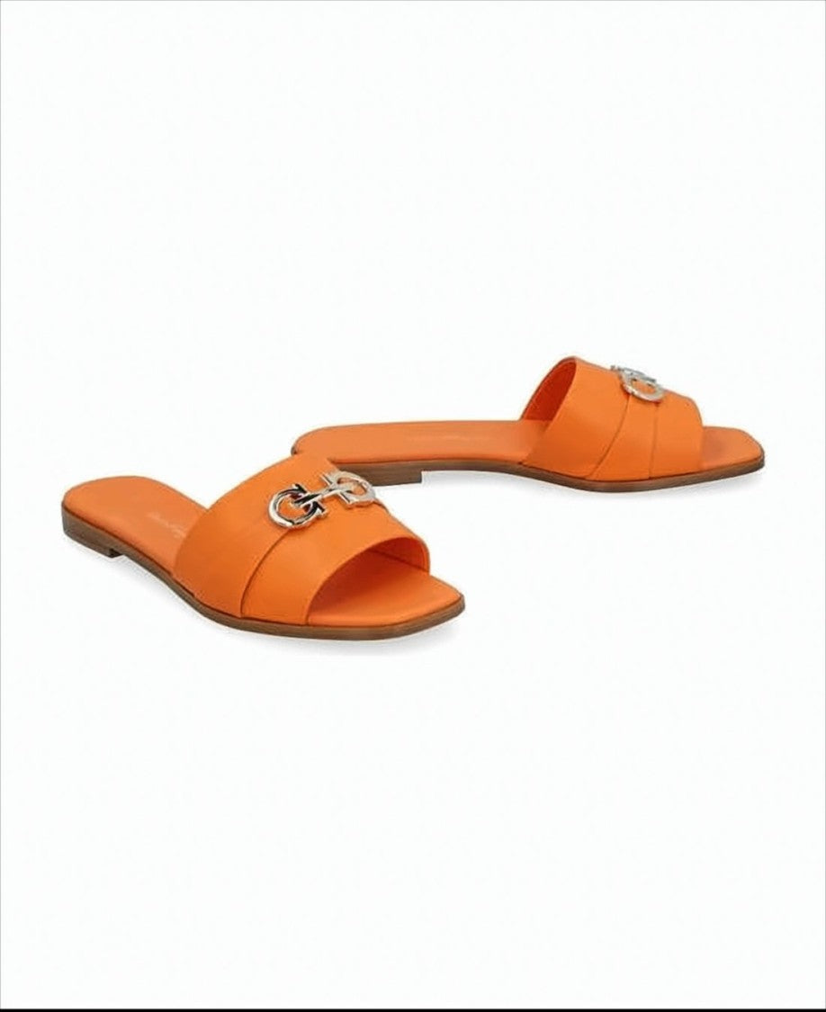 Ferragamo Flat Slide Sandal With Metallic Buckle Detail