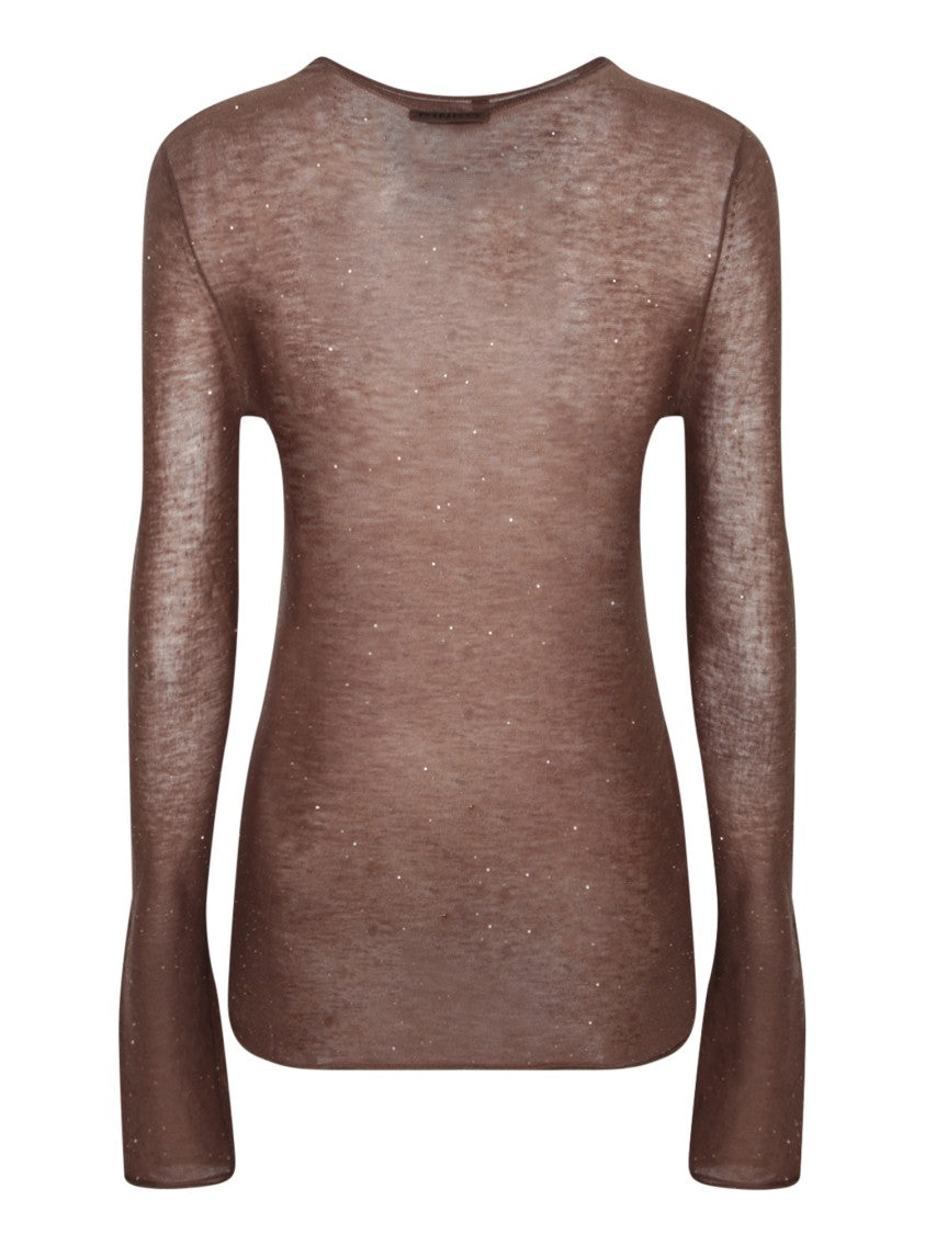 Pinko Semi-Sheer Brown Knitwear With Delicate Embellishments