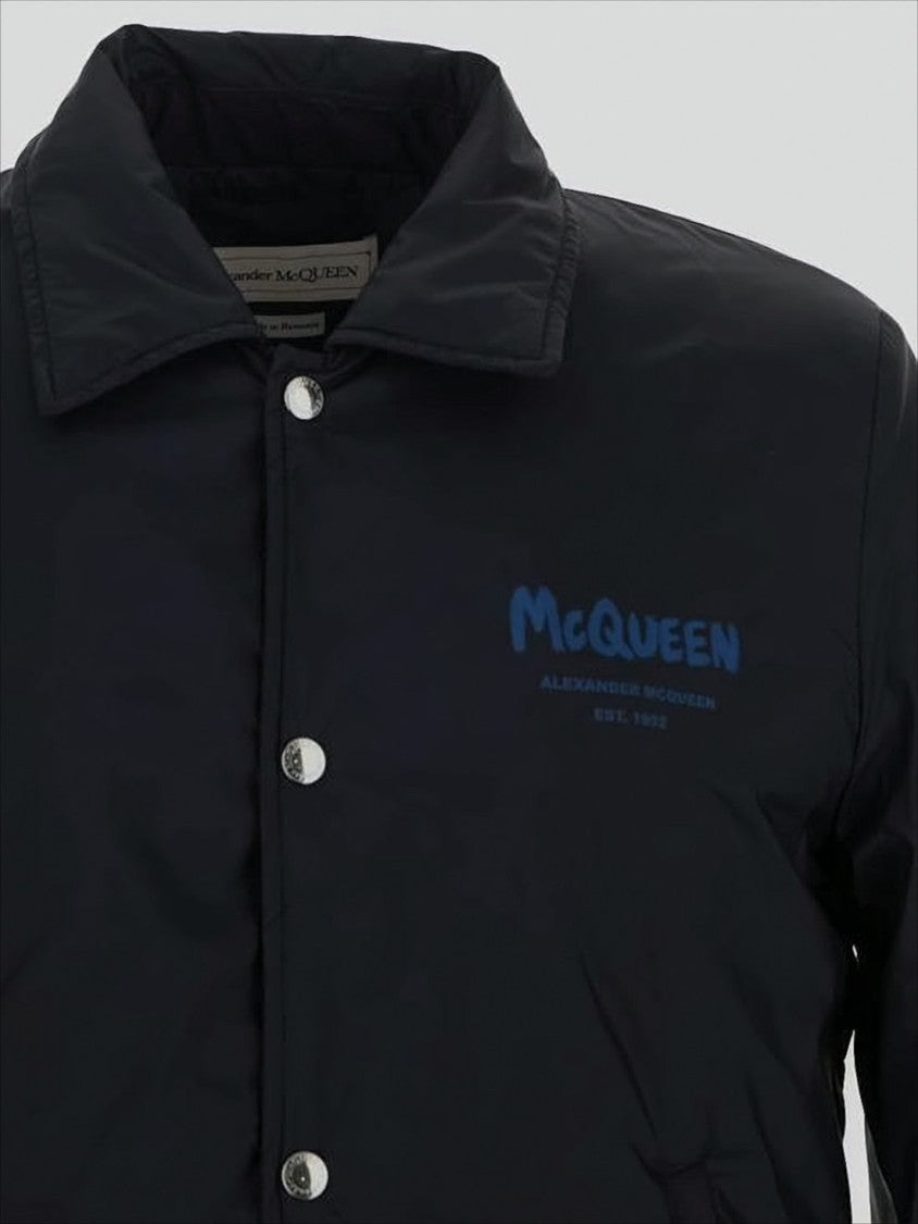 Alexander Mcqueen Snap-Button Black Jacket With Bold Logo Accents