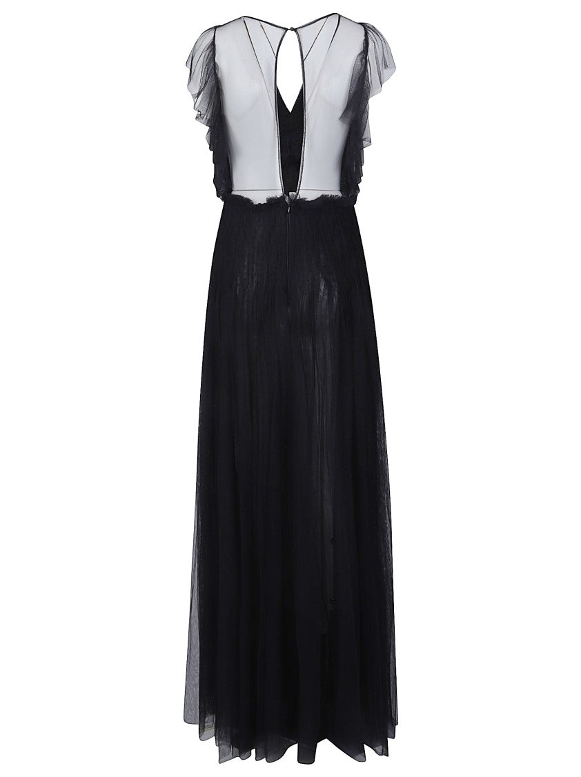 Elisabetta Franchi Black Maxi Ruffled Cap Dress