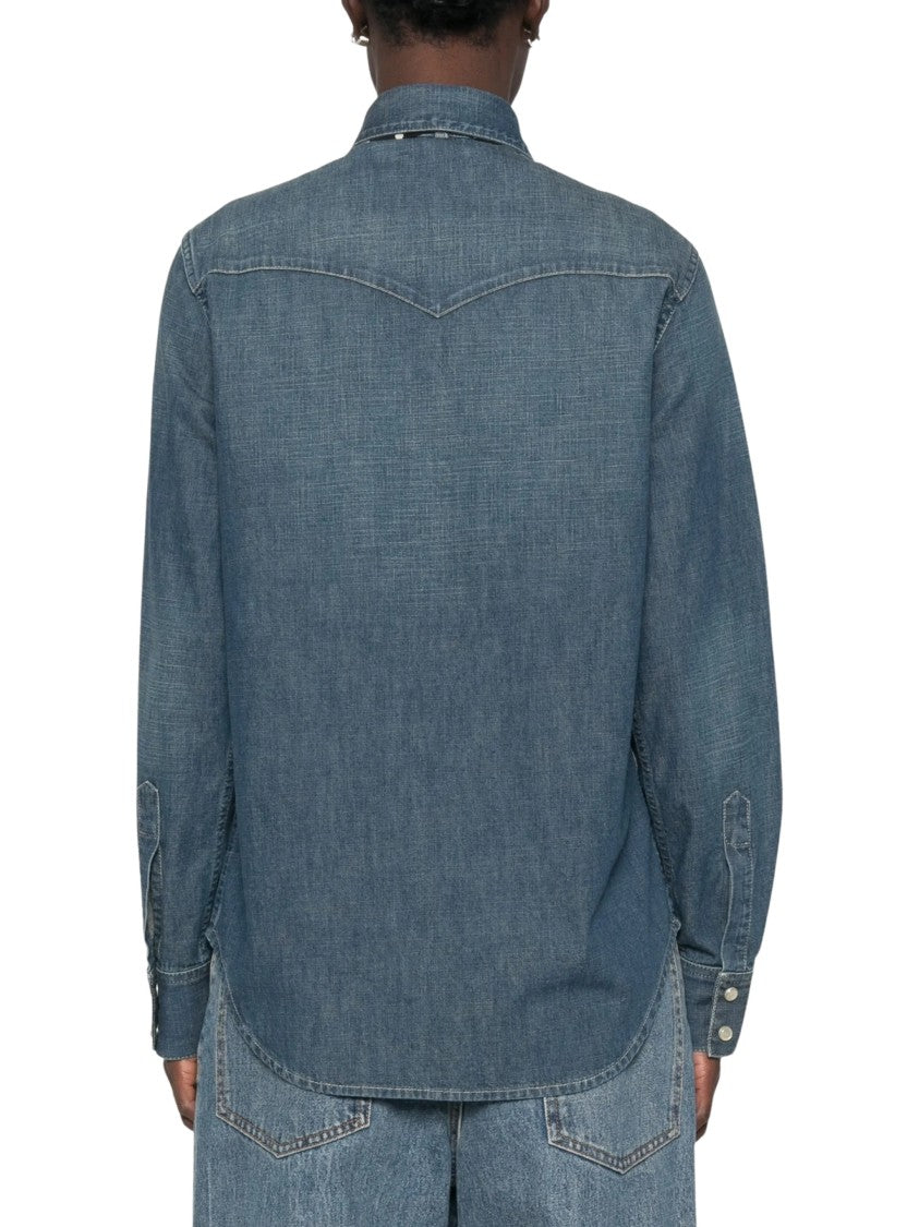 Valentino Blue Polka-Dot Silk-Trimmed Cotton Denim Western Shirt