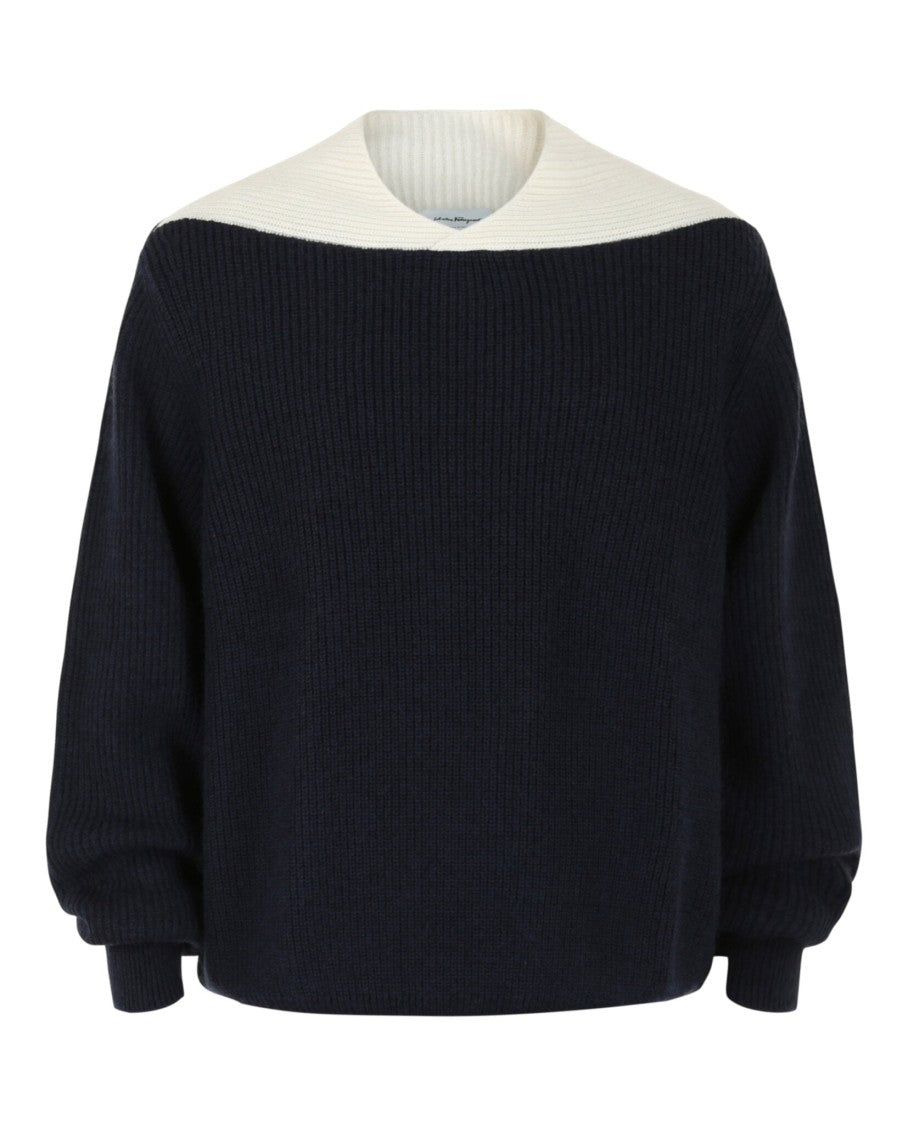 Ferragamo Two-Tone Relaxed Knit Sweater With V-Neck