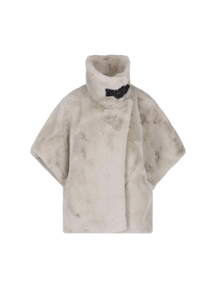 Pinko Beige Belted High Collar Faux Fur Jacket