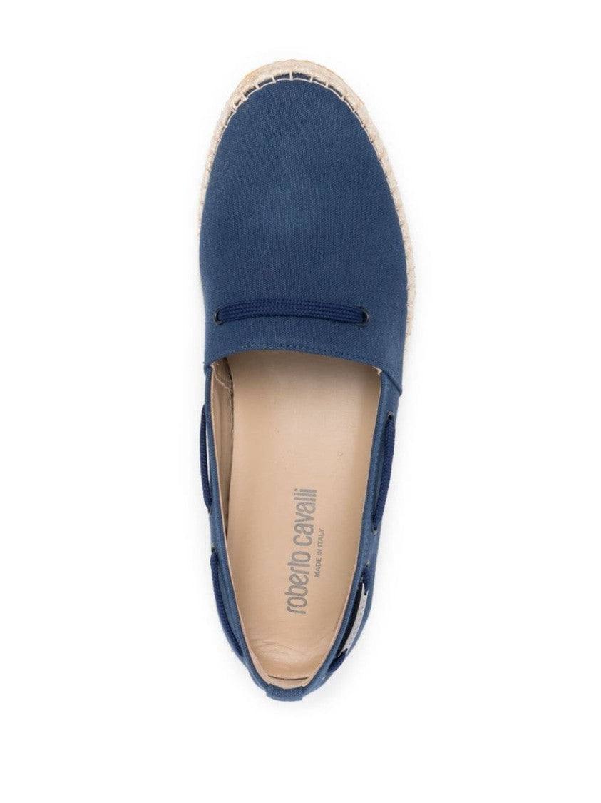 Roberto Cavalli Blue Textile Loafers With Woven Jute Sole
