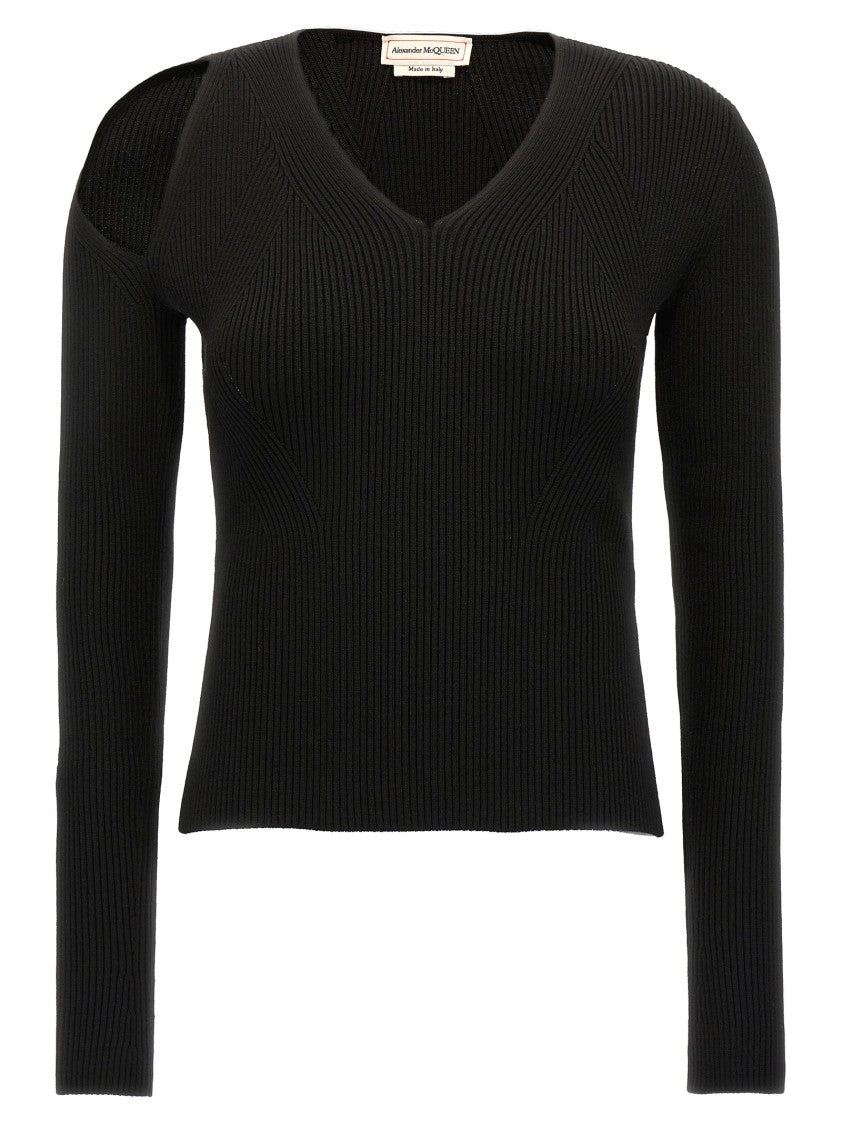 Mcqueen Fitted Ribbed Wool Sweater With Cut-Out Detail
