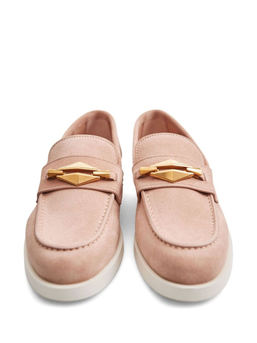 Jimmy Choo Suede Finish Loafers With Gold-Tone Embellishment And Block Heel