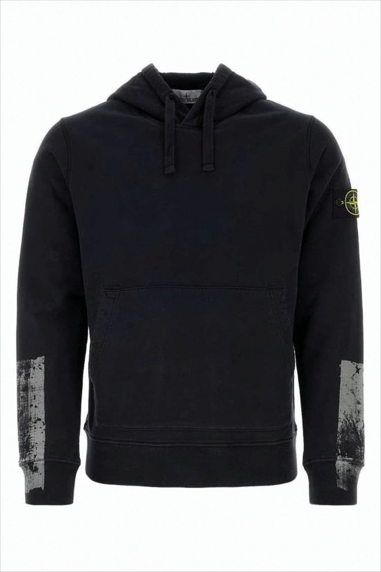 Stone Island Cropped Black Hooded Sweatshirt With Unique Paint-Like Accents