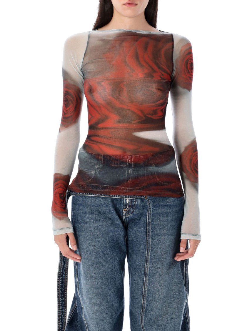 Jean Paul Gaultier Blurry Rose Mesh Top