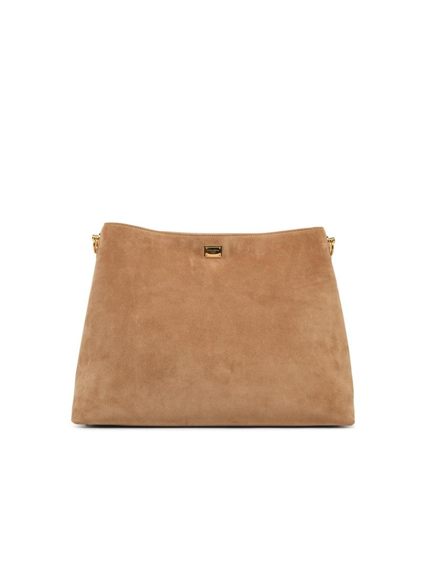 Dolce & Gabbana Large Beige Suede 'Vittoria' Shoulder Bag With Vintage Brass Accents