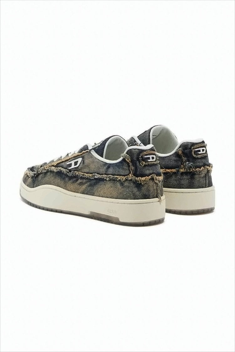 Diesel Distressed Denim Low-Top Sneakers With Textured Sole