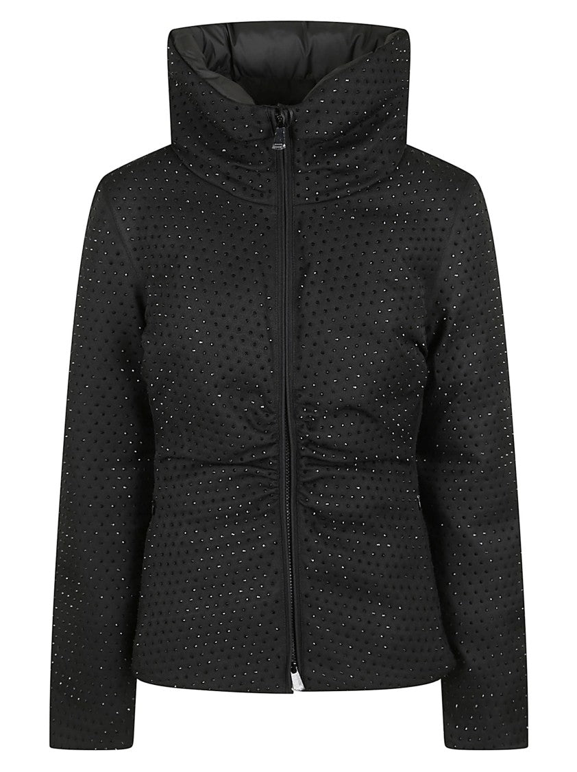 Pinko Cropped Black Rhinestone-Embellished Down Jacket With High Collar