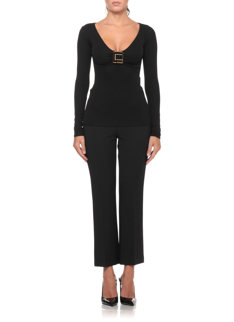Elisabetta Franchi Fitted Long-Sleeve Black Shirt With Gold Logo Detail