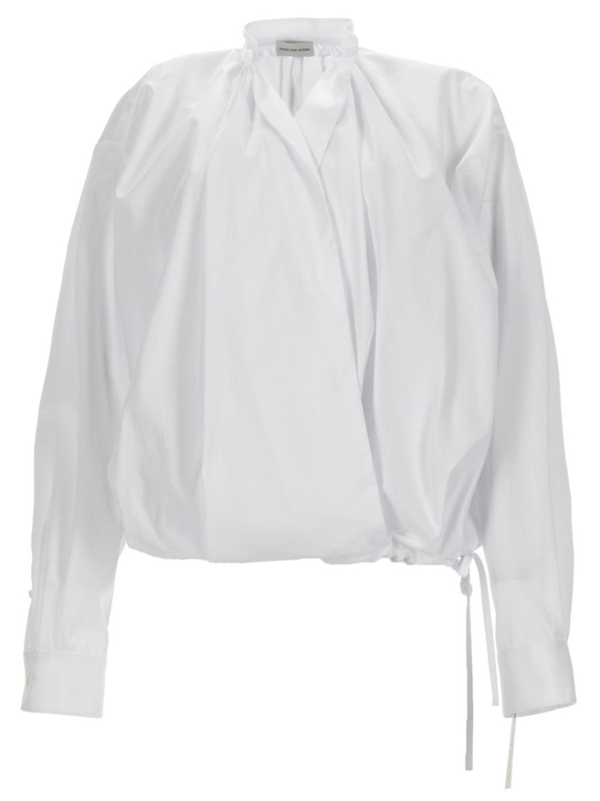 Dries Van Noten Neutral Cenver Gathered Ruffle Cotton Blouse