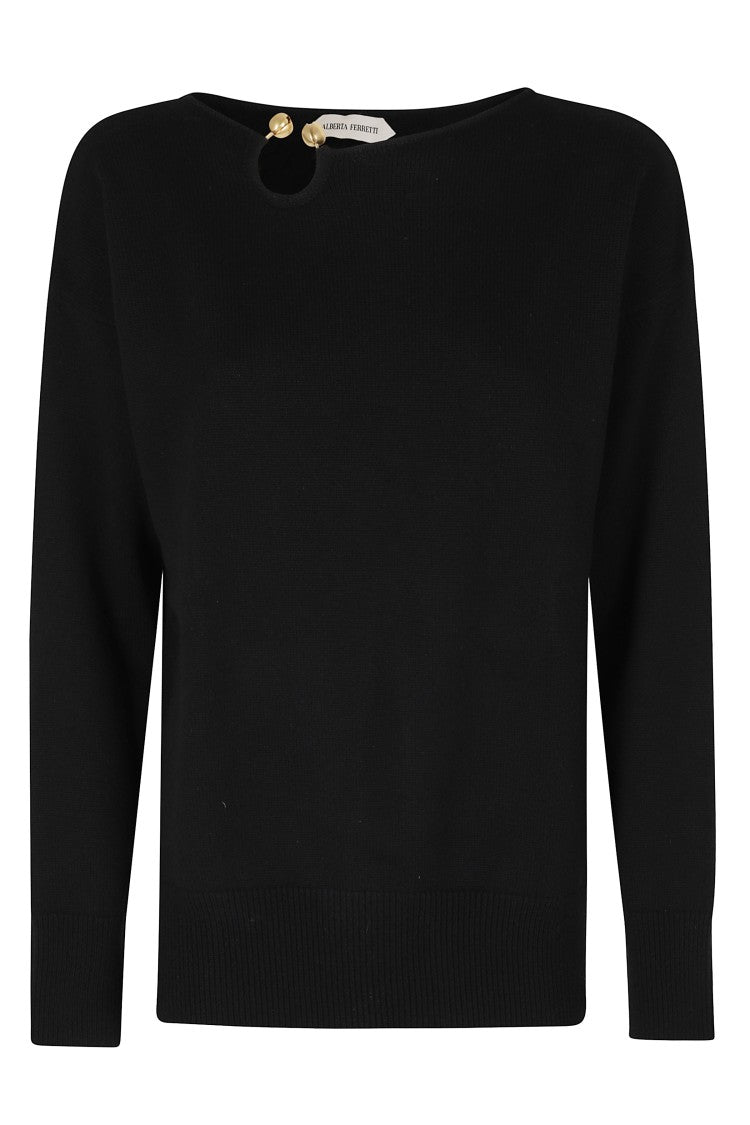 Alberta Ferretti Black Ribbed Trim Removable Jewel Round Neck Wool-Blend Sweater